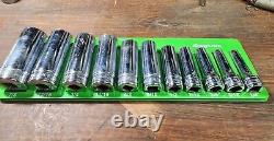 Vintage Snap-on 12 Point 3/8 Drive Deep Socket Set 11 Piece Green Magnetic Tray