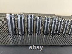 #ao038 Snap-On Tools 212SFSMY 3/8 Drive 6 Point Deep Socket Set 8mm to 19mm USA